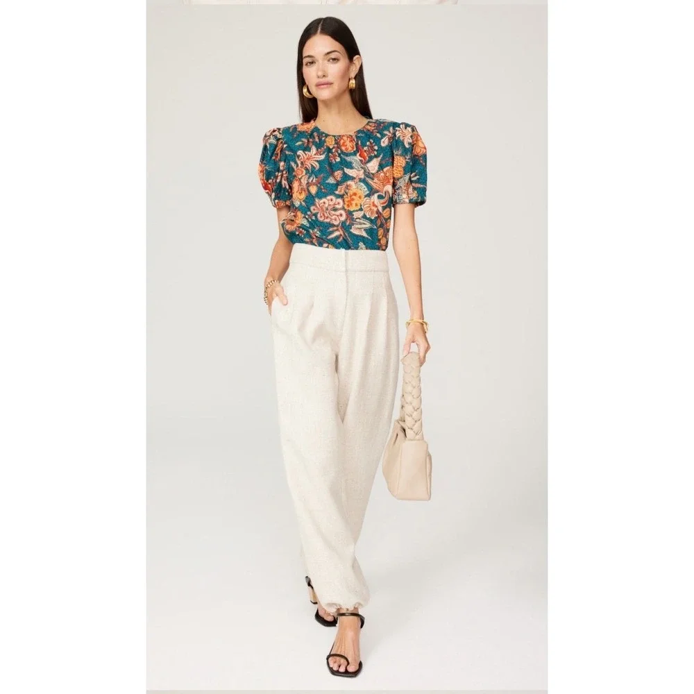 Ulla Johnson Frances Top Teal Floral Batik Puff Sleeve Cotton Blouse‎ Size 4